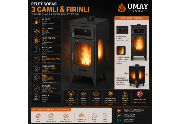 3 Camlı Fırınlı Pelet Şöminesi 8 KW&hellip;