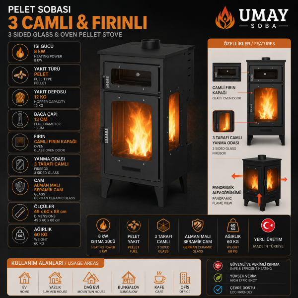 3 Camlı Fırınlı Pelet Şöminesi 8 KW 3 Camlı Fırınlı Pelet Şöminesi 8 KW