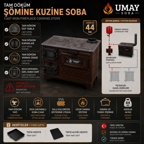 Devirdaim Pompalı Kalorifer Sobası | Kahverengi Tam Döküm Şömine Kuzine Devirdaim Pompalı Kalorifer Sobası | Kahverengi Tam Döküm Şömine Kuzine